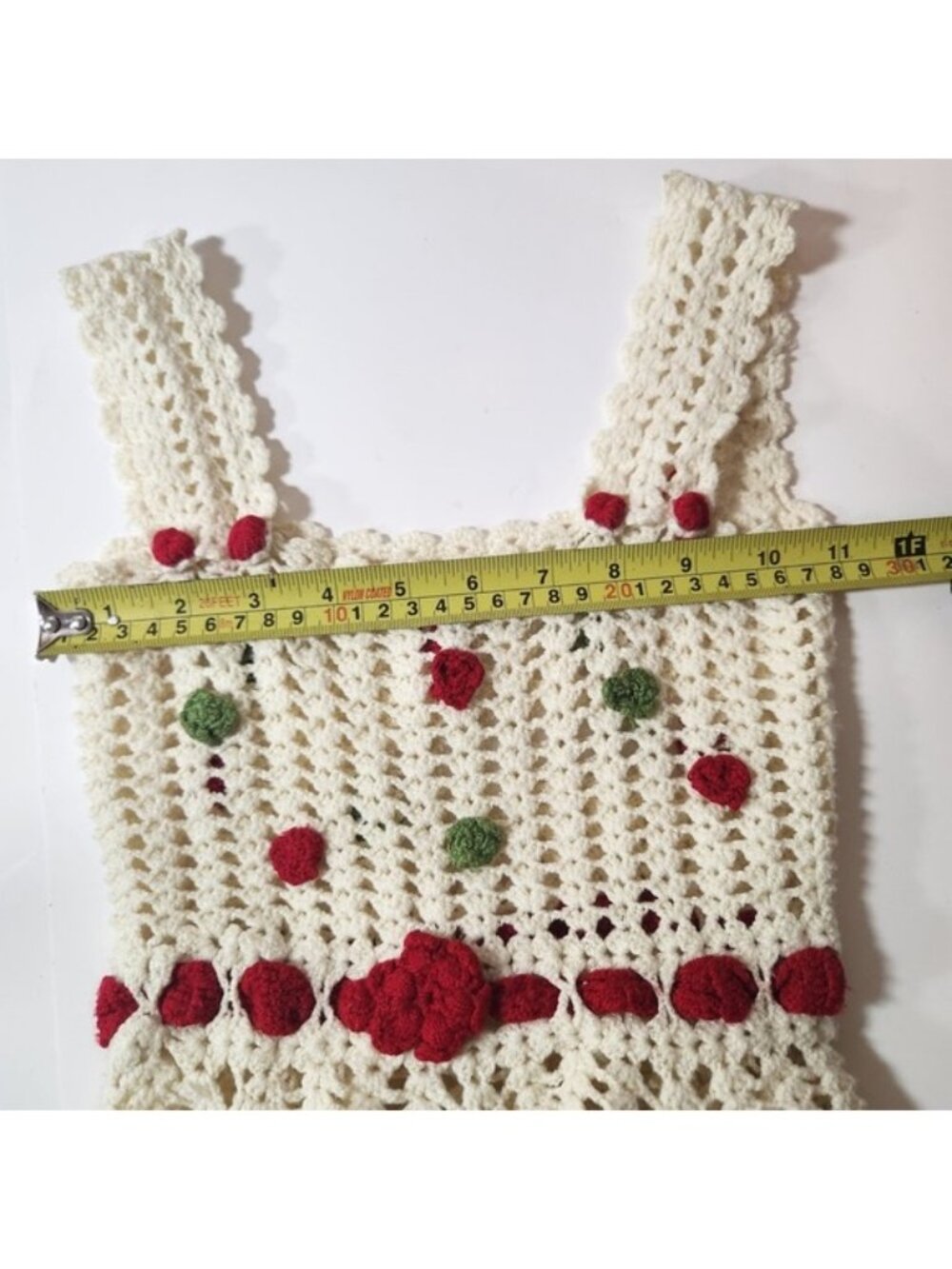 Vintage Handmade Crochet Cherry Strawberry Pinafore Dress Cream Girls Small - Picture 5 of 5